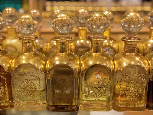 Local frankincense perfumes in ornate gold and glass bottles, Al-Husn Souq, Salalah