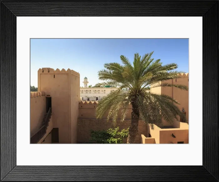 Framed Print : Ramparts, palm tree and view to mosque, Taqah (Taqa) Castle fort museum, near Salalah Framed Print : Ramparts, palm tree and view to mosque, Taqah (Taqa) Castle fort museum, near Salalah