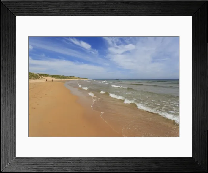 Framed Print : Walkers on the golden sands of Embleton Bay, Northumberland Coast. England, Europe Framed Print : Walkers on the golden sands of Embleton Bay, Northumberland Coast. England, Europe