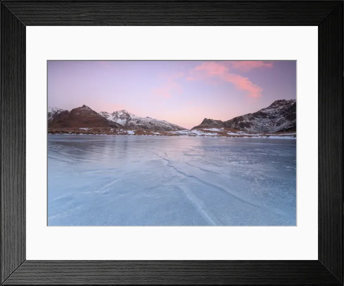 Framed Print : Pink lights of dawn on the snowy peaks around the frozen surface of Andossi Lake Framed Print : Pink lights of dawn on the snowy peaks around the frozen surface of Andossi Lake