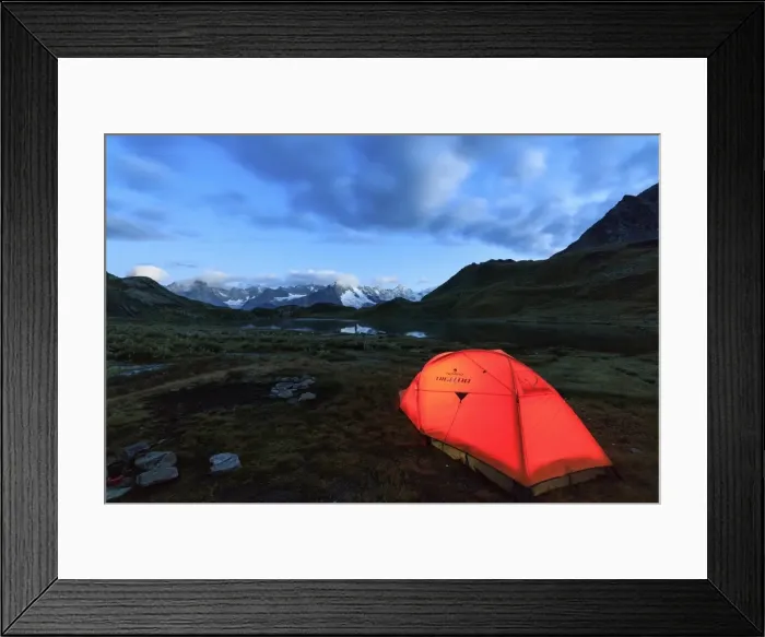 Framed Print : Lights of a tent around Fenetre Lakes at dusk, Ferret Valley, Saint Rhemy, Grand St Bernard Framed Print : Lights of a tent around Fenetre Lakes at dusk, Ferret Valley, Saint Rhemy, Grand St Bernard