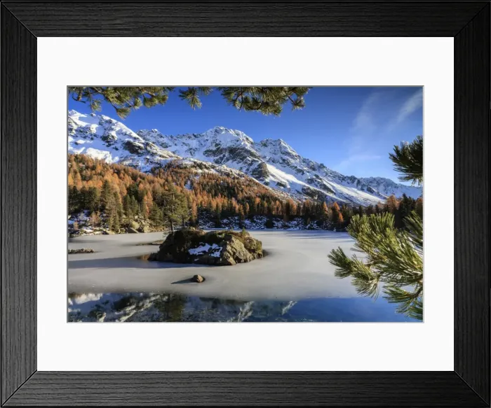 Framed Print : Autumn reflections at Saoseo Lake still partially frozen, Poschiavo Valley, Canton of Graubuenden Framed Print : Autumn reflections at Saoseo Lake still partially frozen, Poschiavo Valley, Canton of Graubuenden
