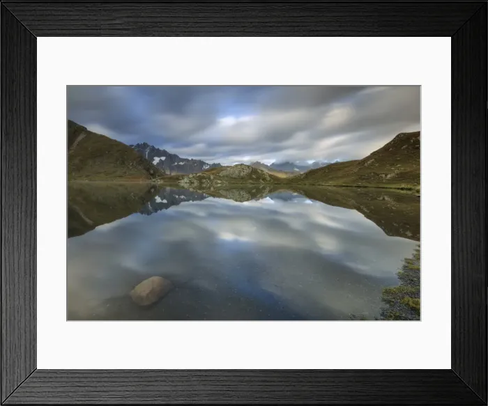 Framed Print : The snowy peaks are reflected in Fenetre Lakes at dawn, Ferret Valley, Saint Rhemy Framed Print : The snowy peaks are reflected in Fenetre Lakes at dawn, Ferret Valley, Saint Rhemy