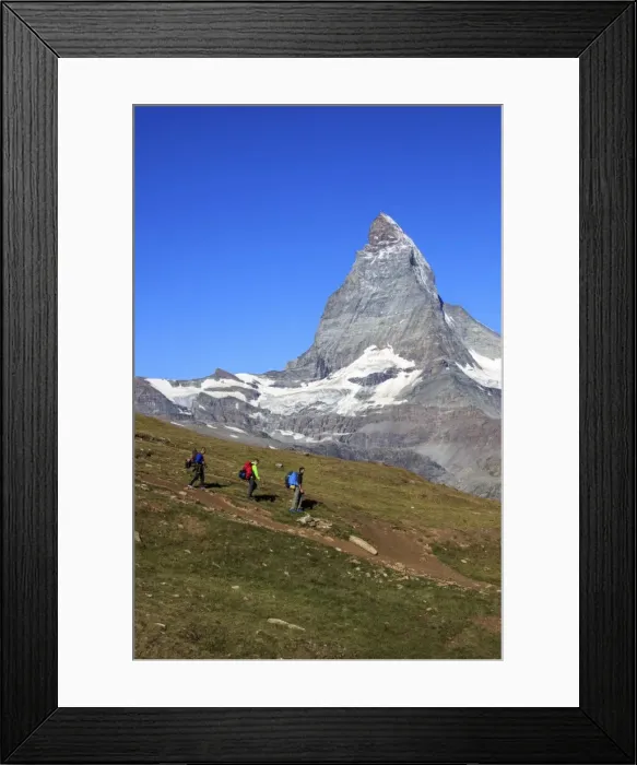 Framed Print : Hikers proceed with the Matterhorn in background in a clear summer day, Gornergrat Framed Print : Hikers proceed with the Matterhorn in background in a clear summer day, Gornergrat