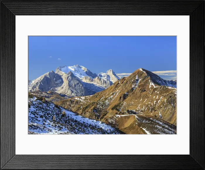 Framed Print : Autumnal view of the tops of Marmolada mountain range from Falzarego Pass, Dolomites of Belluno Framed Print : Autumnal view of the tops of Marmolada mountain range from Falzarego Pass, Dolomites of Belluno