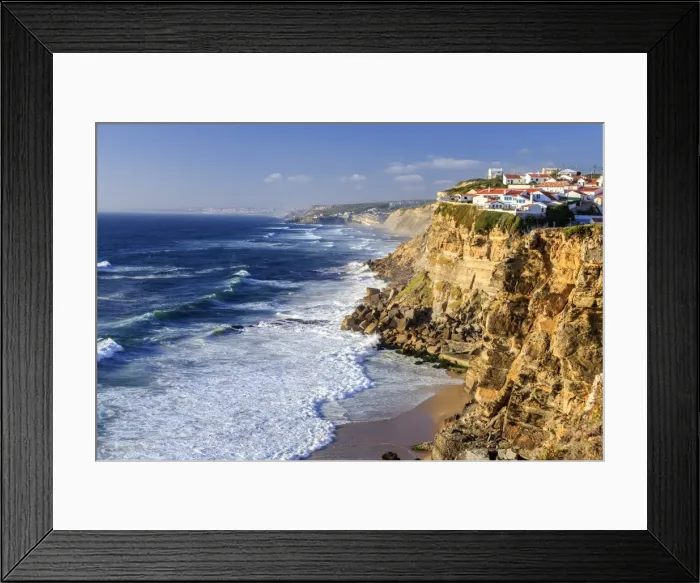 Framed Print : Top view of ocean waves crashing on the high cliffs of Azenhas do Mar, Sintra, Portugal Framed Print : Top view of ocean waves crashing on the high cliffs of Azenhas do Mar, Sintra, Portugal