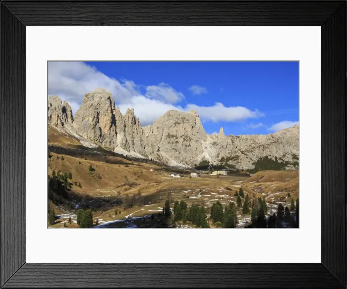 Framed Print : Blue sky on the rocky peaks and typical autumn landscape at Gardena Pass, South Tyrol Framed Print : Blue sky on the rocky peaks and typical autumn landscape at Gardena Pass, South Tyrol