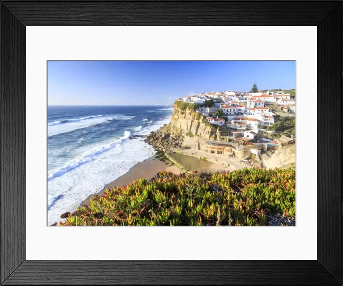 Framed Print : Top view of the village of Azenhas do Mar with the ocean waves crashing on the cliffs Framed Print : Top view of the village of Azenhas do Mar with the ocean waves crashing on the cliffs