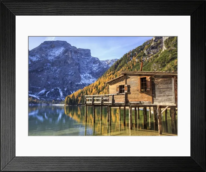 Framed Print : Wooden hut and colourful woods reflected in Lake Braies, Natural Park of Fanes Sennes Framed Print : Wooden hut and colourful woods reflected in Lake Braies, Natural Park of Fanes Sennes