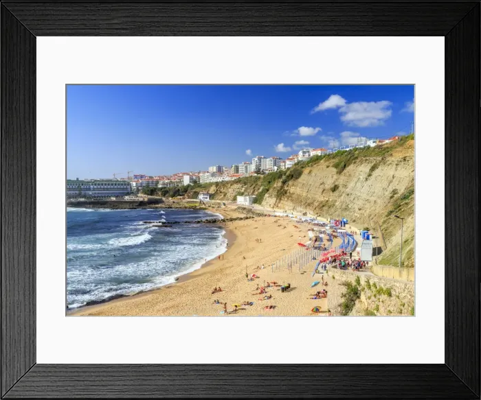Framed Print : Top view of the village of Ericeira with the ocean waves crashing on the touristic sandy beach Framed Print : Top view of the village of Ericeira with the ocean waves crashing on the touristic sandy beach