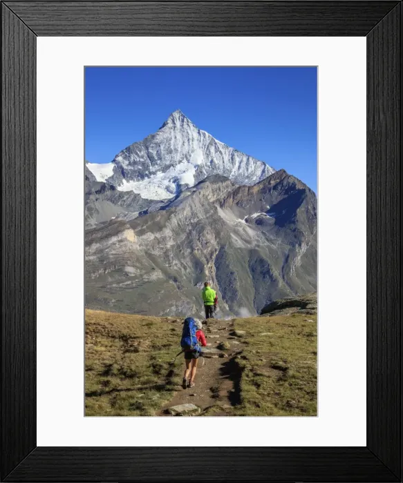 Framed Print : Hikers proceed towards the high peak of Dent Herens in a clear summer day, Gornergrat Framed Print : Hikers proceed towards the high peak of Dent Herens in a clear summer day, Gornergrat