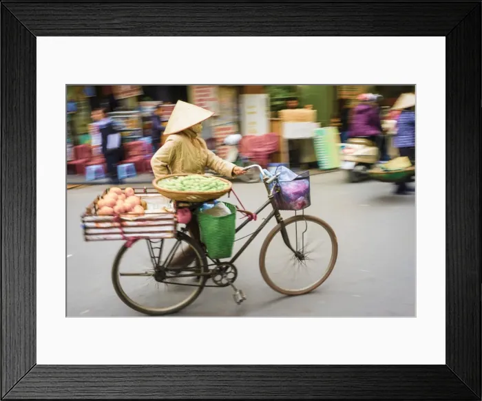 Framed Print : Woman pushing a bicycle in Old Quarter, Hoan Kiem District, Hanoi, Vietnam, Indochina Framed Print : Woman pushing a bicycle in Old Quarter, Hoan Kiem District, Hanoi, Vietnam, Indochina