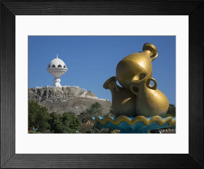 Framed Print : Golden sculpture on road roundabout & Incense burner (Riyam monument), Muscat, Oman Framed Print : Golden sculpture on road roundabout & Incense burner (Riyam monument), Muscat, Oman