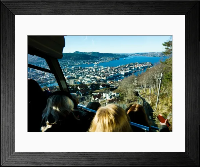 Framed Print : Floibanen funicular railway with view of Bergen from Mount Floyen, Bergen, Hordaland Framed Print : Floibanen funicular railway with view of Bergen from Mount Floyen, Bergen, Hordaland