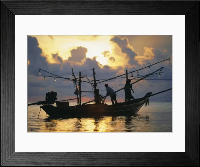 Framed Print : Fishing boat at sunrise at Haad Rin Beach Framed Print : Fishing boat at sunrise at Haad Rin Beach