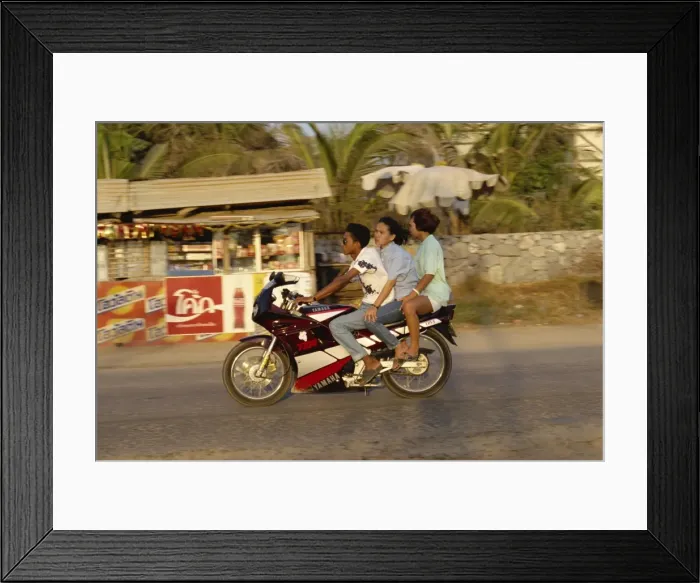 Framed Print : Three people riding a Yamaha motorbike at Jomtien Beach Framed Print : Three people riding a Yamaha motorbike at Jomtien Beach