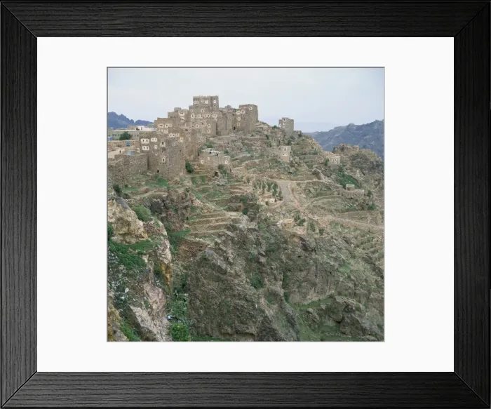 Framed Print : Mountain fortress village and terraced fields Framed Print : Mountain fortress village and terraced fields