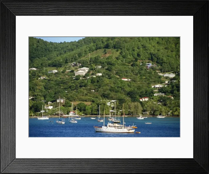 Framed Print : Houses overlooking bay with moored sailing boats Framed Print : Houses overlooking bay with moored sailing boats