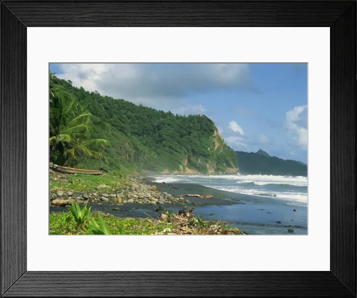 Framed Print : Rugged coastline with black laval sand beach Framed Print : Rugged coastline with black laval sand beach