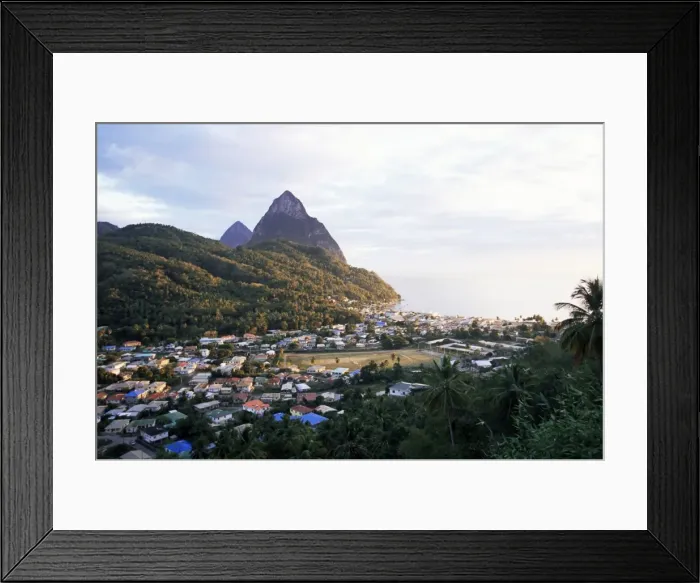 Framed Print : View over Soufriere and the Pitons in the background, St Framed Print : View over Soufriere and the Pitons in the background, St