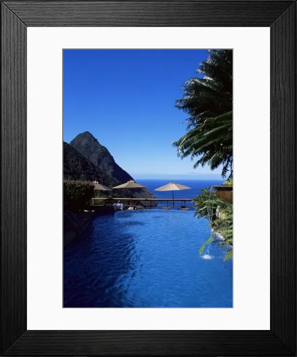 Framed Print : The pool at the Ladera resort overlooking the Pitons, St Framed Print : The pool at the Ladera resort overlooking the Pitons, St