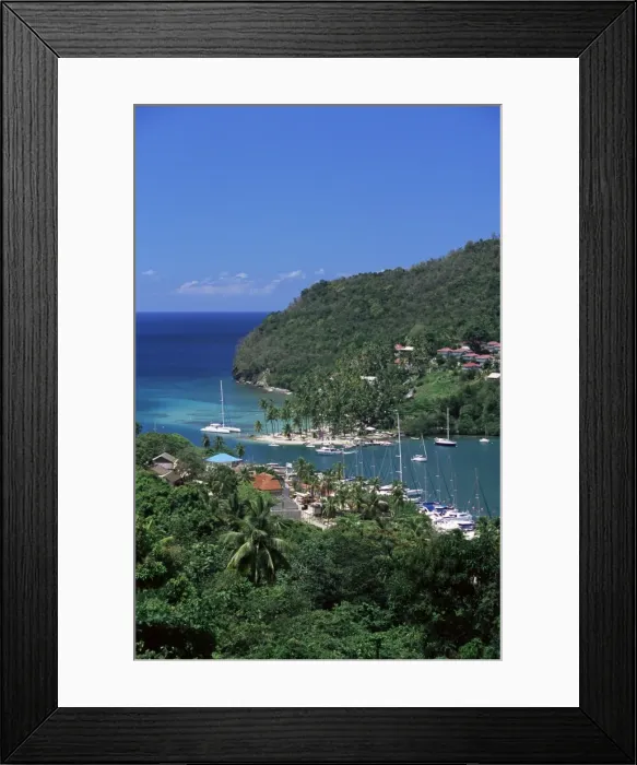 Framed Print : Elevated view over Marigot Bay, St Framed Print : Elevated view over Marigot Bay, St