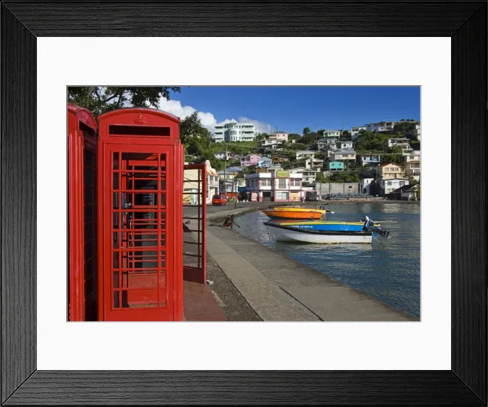 Framed Print : Phone box in Carenage Harbour, St Framed Print : Phone box in Carenage Harbour, St