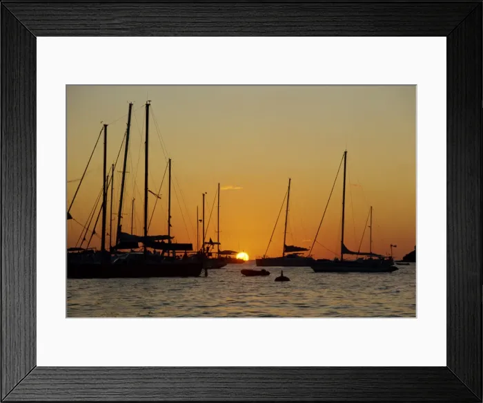 Framed Print : Sailing boats silhouetted, moored at dusk, Marigot, St Framed Print : Sailing boats silhouetted, moored at dusk, Marigot, St