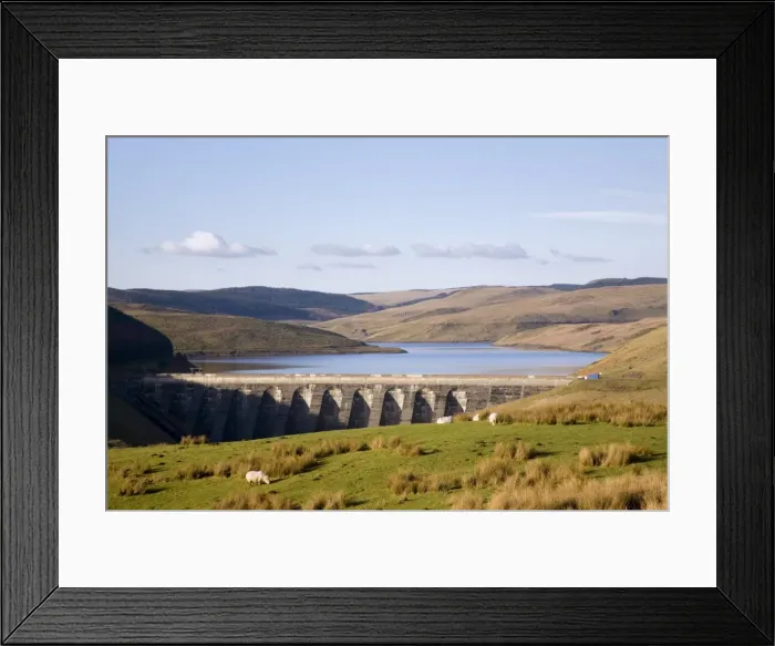 Framed Print : Scenic view of Llyn Nant-y-moch reservoir and dam with Framed Print : Scenic view of Llyn Nant-y-moch reservoir and dam with