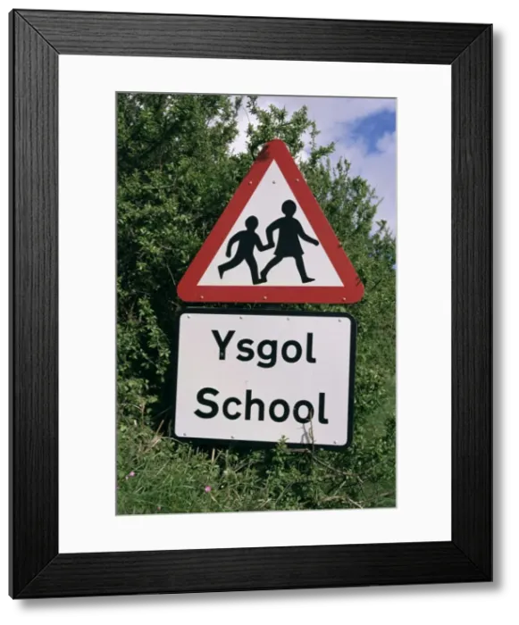 Framed Print : School sign in English and Welsh languages Framed Print : School sign in English and Welsh languages