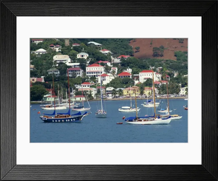 Framed Print : Sailing boats moored off Charlotte Amalie, St Framed Print : Sailing boats moored off Charlotte Amalie, St