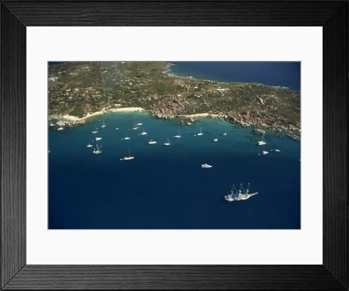 Framed Print : Aerial view over boats moored off the coast of St Framed Print : Aerial view over boats moored off the coast of St