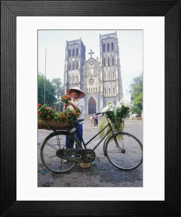 Framed Print : Woman selling flowers off her bicycle Framed Print : Woman selling flowers off her bicycle