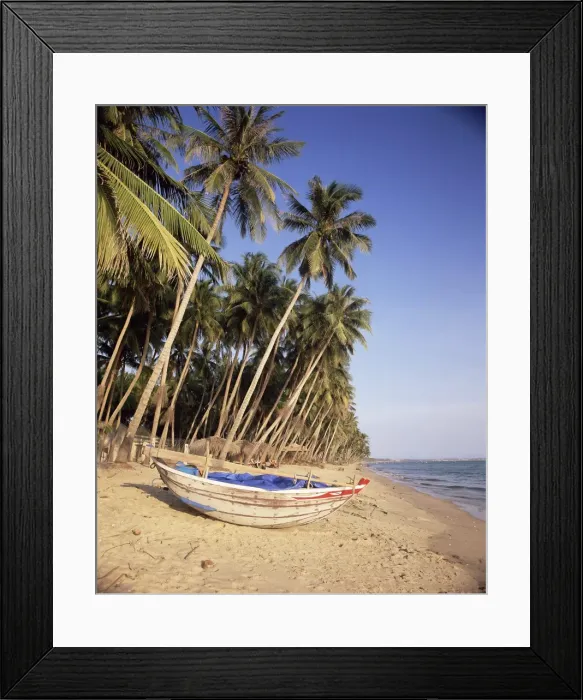 Framed Print : Small boat on palm fringed beach Framed Print : Small boat on palm fringed beach