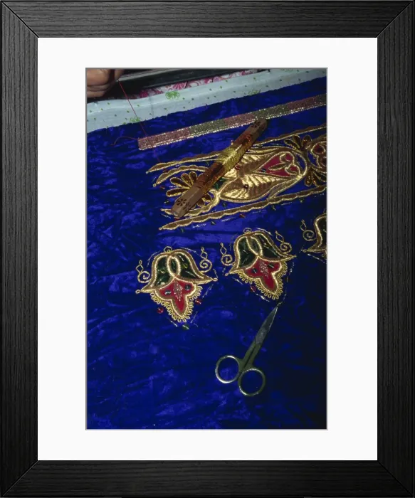 Framed Print : Close-up of gold embroidery work in a factory in Bukhara Framed Print : Close-up of gold embroidery work in a factory in Bukhara