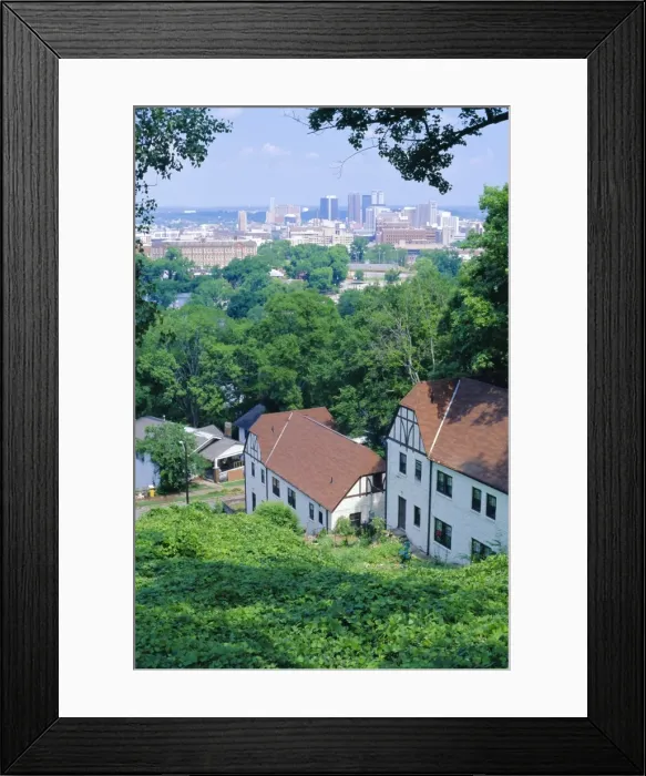 Framed Print : Houses amid trees and city skyline in the background Framed Print : Houses amid trees and city skyline in the background