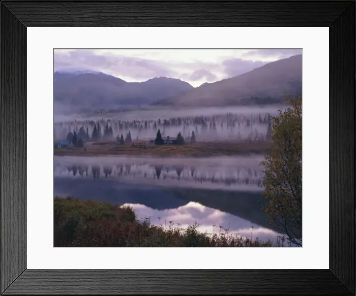 Framed Print : Dawn mist in autumnal colours and hunters cabin closed for the winter Framed Print : Dawn mist in autumnal colours and hunters cabin closed for the winter