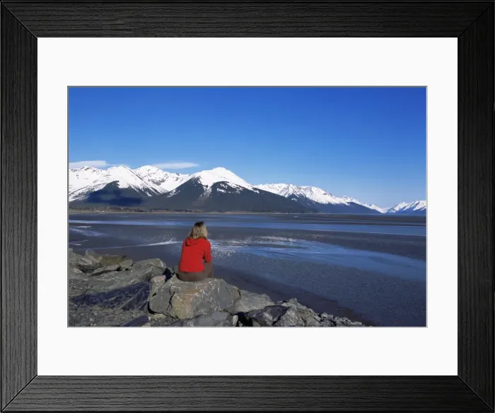 Framed Print : Woman looking at glaciers along the Seward Highway Framed Print : Woman looking at glaciers along the Seward Highway