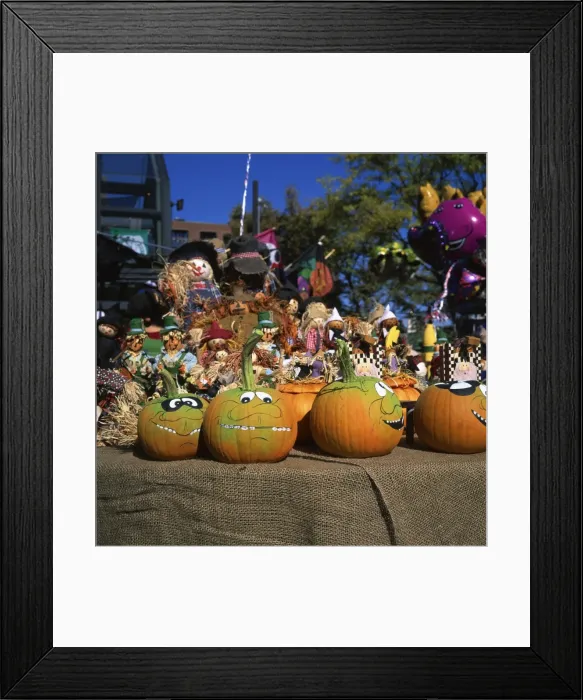 Framed Print : Decorated pumpkins on sale for Halloween Framed Print : Decorated pumpkins on sale for Halloween