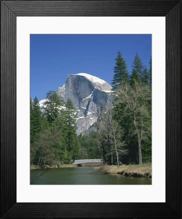 Framed Print : Trees beside a river frame the snow capped Half Dome Framed Print : Trees beside a river frame the snow capped Half Dome