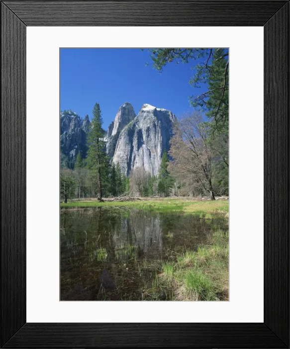 Framed Print : Lake reflecting trees and the Cathedral Rocks in