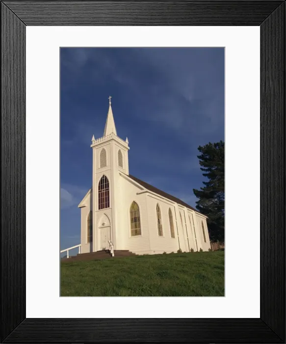 Framed Print : The old traditional white painted Christian church in Bodega Bay