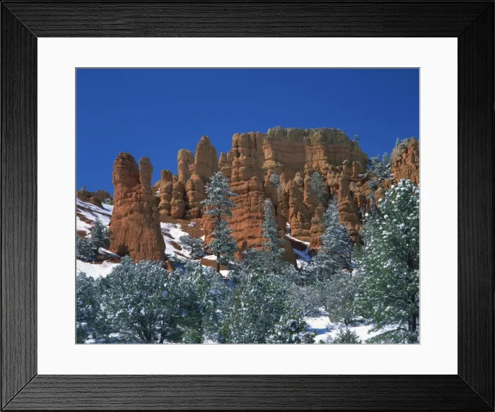 Framed Print : Landscape with trees and cliffs of red rock formations in the snow Framed Print : Landscape with trees and cliffs of red rock formations in the snow