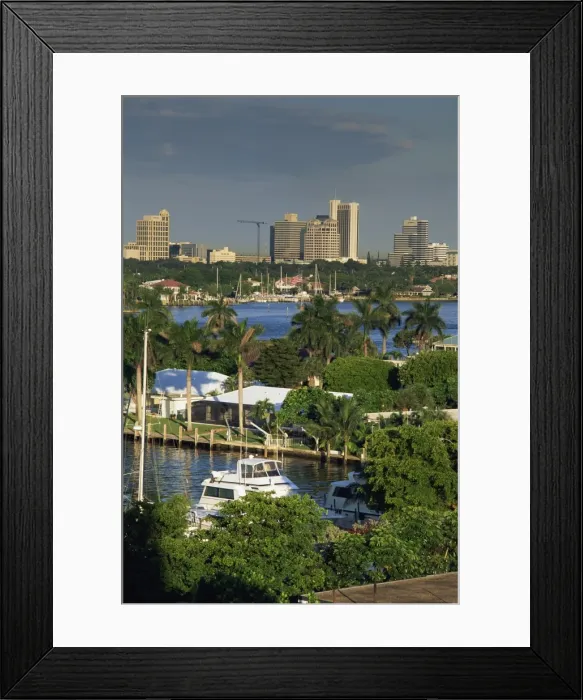 Framed Print : Aerial view over boats and houses on the harbour with Framed Print : Aerial view over boats and houses on the harbour with