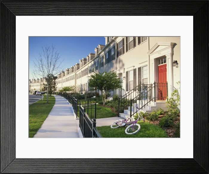 Framed Print : Terraced houses and small front gardens Framed Print : Terraced houses and small front gardens