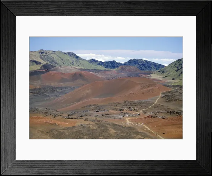 Framed Print : Foot trail through Haleakala volcano crater winds between Framed Print : Foot trail through Haleakala volcano crater winds between