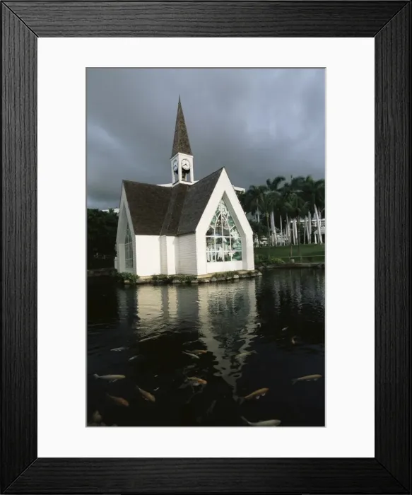 Framed Print : Church and koi pond Framed Print : Church and koi pond