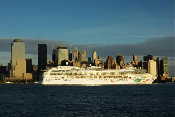 Lower Manhattan skyline and cruise ship across the Hudson River
