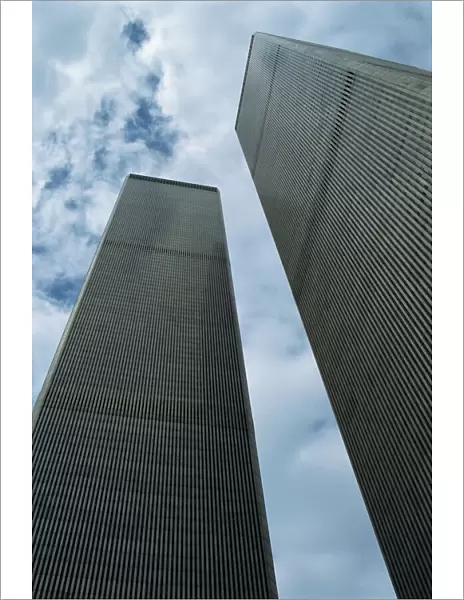 Low angle view of the exterior of the World Trade Center Twin Towers