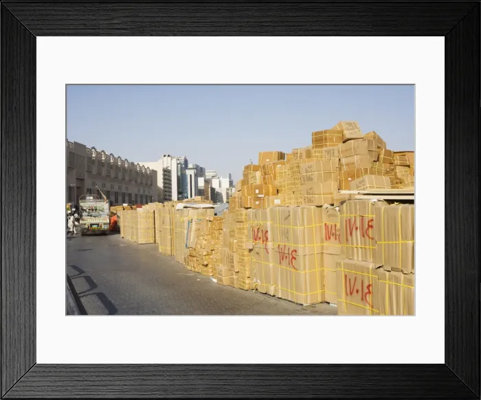 Framed Print : Goods stacked on the dockside of the Dhow Wharfage Framed Print : Goods stacked on the dockside of the Dhow Wharfage